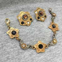 Edgy Newpro Bracelet Earrings Pierced Set Modernist Stars Moon celestial crystal Couture Designer Statement Gold bronze tones etched Rare