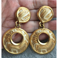 Edgar Berebi hoop Earrings Aztec Beige Enamel clip on gold tone  Etruscan 1980s Couture signed Art Deco geometric Designer RARE!