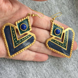 Stunning! Long Faux lapis blue enamel cabochon Earrings pierced dangle gold tone designer quality Couture Style tribal 80s Renaissance rare