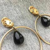 Robert Lee Morris Hoop Earrings long black Onyx  shell clip on Crystal Gold-tone Runway Couture Designer Statement 80s Rare!