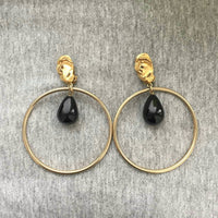 Robert Lee Morris Hoop Earrings long black Onyx  shell clip on Crystal Gold-tone Runway Couture Designer Statement 80s Rare!