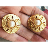 Superb! Kenneth Jay Lane KJL for Avon Sand Dollar Faux Pearl Earrings Gold tone chunky clip on round Button Runway 1980s Vintage Jewelry