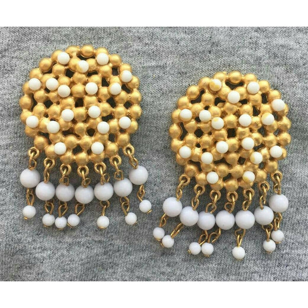 AMAZING! CRAFT signed Huge faux Pearl white bead Fring Earrings Gold Tone Round clip on chunky Runway Byzantine Designer Couture matte RARE!