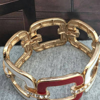 WOW! Red White Enamel stretch Bracelet art deco rhinestone gold tone 8" wide mod chunky Couture Style Designer quality Runway Rare!!