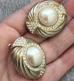 Les Bernard Pearl Cab Earrings Rhinestone Diamante Pave Crystal