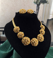 VTG Signed Craft Necklace Earrings set colorful Crystal choker modernist gold tone