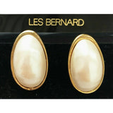 Vintage Les Bernard faux Pearl Earrings Chunky Clip-on Gold Tone oval wedding prom Designer Couture Runway Statement 80s Click to view