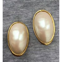 Vintage Les Bernard faux Pearl Earrings Chunky Clip-on Gold Tone oval wedding prom Designer Couture Runway Statement 80s Click to view