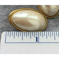 Vintage Les Bernard faux Pearl Earrings Chunky Clip-on Gold Tone oval wedding prom Designer Couture Runway Statement 80s Click to view