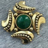 VTG! Carol Dauplaise brooch PIN Green speckled Cabochon Gold Tone statement chunky Runway  Etruscan Designer Couture Rare 80s
