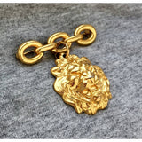 Dangling Anne Klein Lion Head Bar Brooch Lapel Pin Scarf Purse Hat Adornment Designer Couture Cat Leo Chunky Shiny Gold Tone Rare 80s
