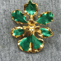 Spectacular Designer enamel green turquoise Teal colored Orchid flower Floral pin Pendant brooch Gold-tone jewelry
