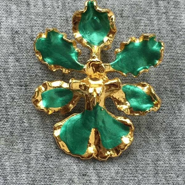 Spectacular Designer enamel green turquoise Teal colored Orchid flower Floral pin Pendant brooch Gold-tone jewelry