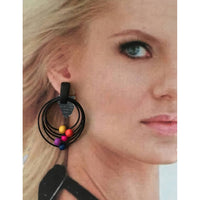 Fun! Black colorful ball hoop Earrings pierced Bold mod big long chunky Runway statement modernist dangle