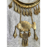 Huge Hill Tribe Necklace Fish gold tone tribal bib collar choker etched Fringe figural Giant Artisan statement Runway breastplate