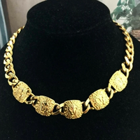 Anne Klein Lion AK  Necklace Cuban Chain  Gold tone Vintage signed Designer Couture Cat Leo