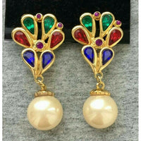 Pearl Colorful Crystal JEWELS of India Earrings harlequin rhinestones gold tone