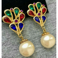 Pearl Colorful Crystal JEWELS of India Earrings harlequin rhinestones gold tone