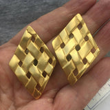 Diamond shaped earrings basket weave waffle Couture Brushed Matte Satin Gold tone Clip-on vintage