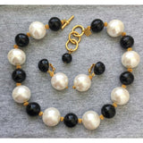 Perfection! Anne Klein Necklace Earrings Set Pearl & black beads modernist Gold Tone clip on Vintage Designer Statement Rare