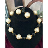 Perfection! Anne Klein Necklace Earrings Set Pearl & black beads modernist Gold Tone clip on Vintage Designer Statement Rare