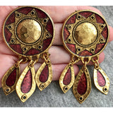 Star Earrings Fringe  Maroon Enamel Etruscan 80s Matte Gold tone Clip-on Vintage chunky Couture Style
