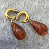 Cute Faux Baltic Amber Hoop Earrings Vintage Dangle Teardrop Pierced Ribbed orange brown long Matte gold tone Couture Style