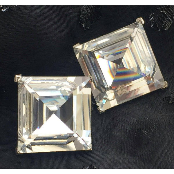Rare! KJL Kenneth Jay Lane Earrings Couture collection Massive Crystal Glass Princess Cut Clip-on Chucky Designer 70s Statement