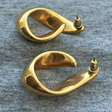 SEXY! HOOP Earrings long Couture Style Designer Quality thick pierced shrimp shiny gold tone statement Runway vintage drop dangle Rare! 80s