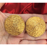 Chic! Etruscan round Earrings textured Gold Tone dangle Runway statement button Couture Style designer quality clip on 80s big huge vintage