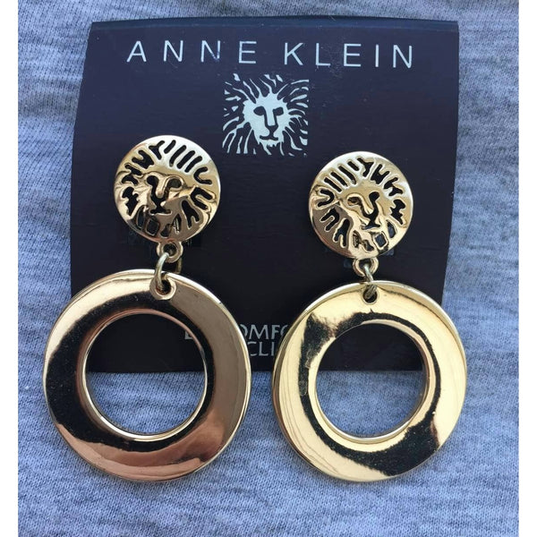 NOS Anne Kline Lion head Earrings door knocker Clip On Gold tone hoop large dangle modernist jewelry figural animal chunky 1980s massive