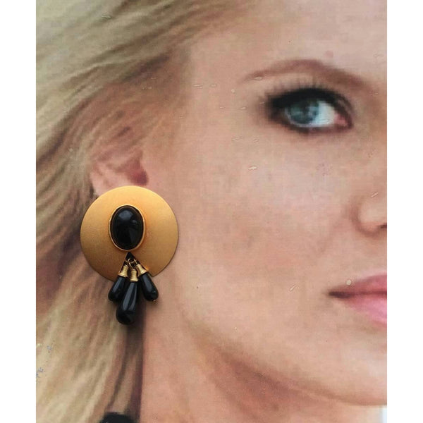 Giant black cabochon Earrings teardrop Fringe beads clip-on Etruscan matte Gold tone Couture style designer quality statement chunky Runway