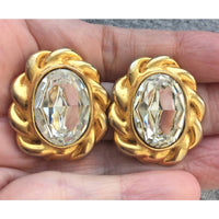 Carolee faceted Swarovski Crystal Earrings Twisted Gold Tone Statement sparkly clip on Designer Chunky Big Runway Vintage Bold! RARE!!