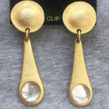 Long Round Teardrop Earrings clip on Crystal cabochon Gold tone Etruscan  modernist art deco 80s statement Runway Bold dangle rhinestone