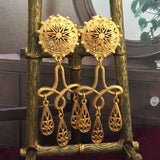 Vtg Chandelier long Earrings Etruscan Clip On Matte Gold Tone 70s