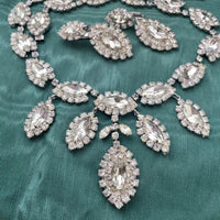Sparkly! 90s Crystal rhinestone Marquis Necklace clip on Earrings Set Silvertone Statement
