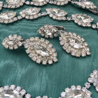 Sparkly! 90s Crystal rhinestone Marquis Necklace clip on Earrings Set Silvertone Statement