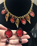 M. J. ENT Leaf Enamel Necklace Earring Set Vintage Clip-on Rare!
