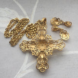 1950s VINTAGE CROWN TRIFARI Filigree Cross Necklace Earrings Set Pendant Baroque Medallion