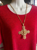 1950s VINTAGE CROWN TRIFARI Filigree Cross Necklace Earrings Set Pendant Baroque Medallion