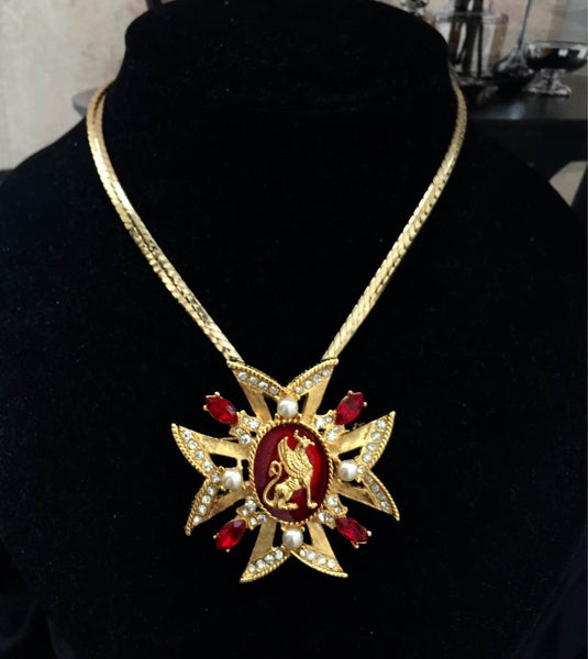 Maltese cross vintage brooch pendant necklace red clear rhinestones