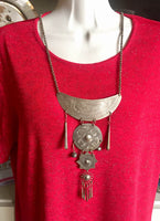 Vintage Hill tribe necklace Breastplate Silvertone Etched