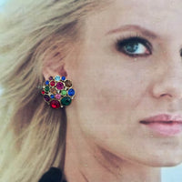 VTG Colorful Jeweled Rhinestone button chunky clip-on Earrings