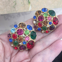 VTG Colorful Jeweled Rhinestone button chunky clip-on Earrings