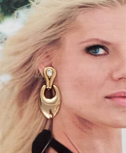 Vtg Teardrop Earrings Clip on Crystal Gold tone Statement