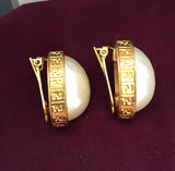 VTG Fendi Logo Earrings Faux Pearl Cabochon Gold tone Clip on