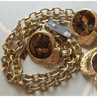 VTG De Liguoro Designer Brown Gemstone Cluster Pendant Necklace Earrings set NOS