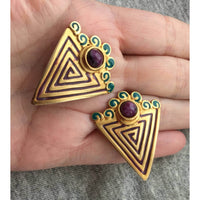 Aztec art deco triangle cabochon gold tone earrings enamel green maroon clip on statement Egyptian designer vintage chunky Style