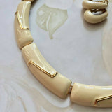 VTG Monet Beige Enamel Art Deco NECKLACE Collar Choker Gold tone Chunky