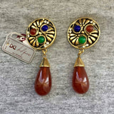 Pretty! NOS 80s Gianni De Liguoro Signed Earrings clip on Cabochon Goldtone dangle teardrop VTG chunky bold Amber Designer Couture RARE!